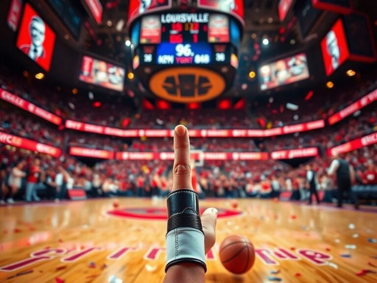 Flick International A dramatic close-up of a splinted finger on a basketball court after a Louisville Cardinals game.