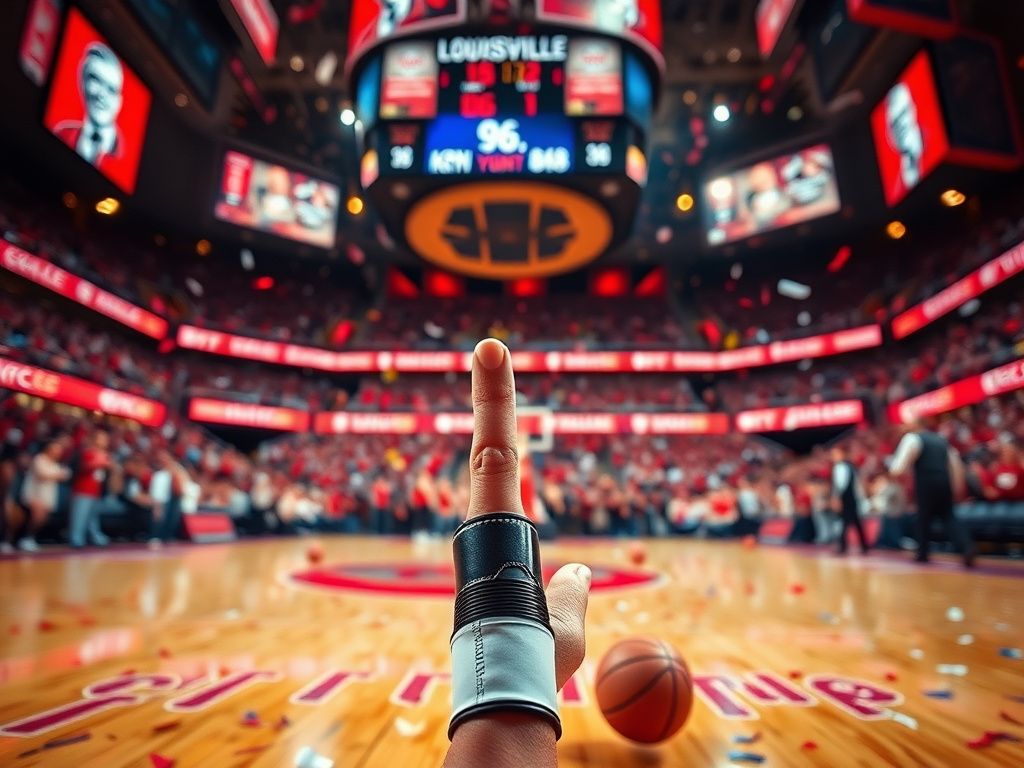 Flick International A dramatic close-up of a splinted finger on a basketball court after a Louisville Cardinals game.