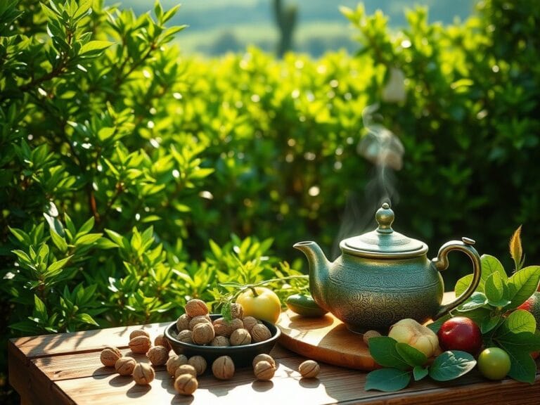 Flick International Vibrant green Mediterranean landscape with lush tea plants and walnuts