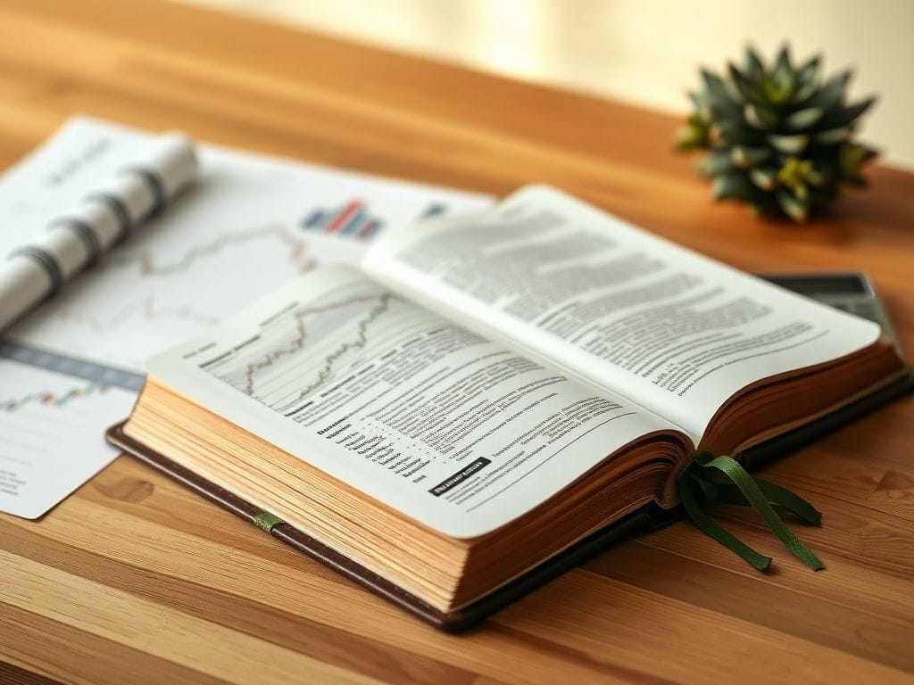 Flick International Serene tabletop scene featuring a wooden Bible, financial documents, stock charts, and a calculator, symbolizing faith and finance.