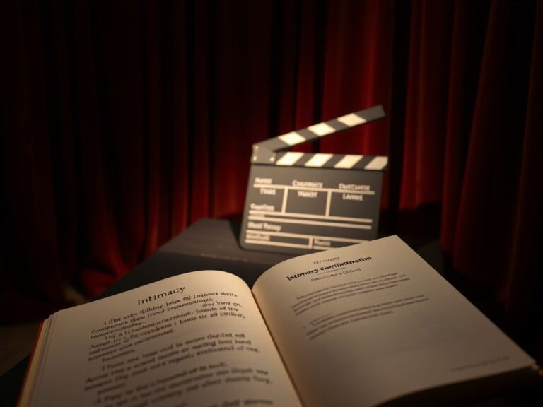 Flick International A dimly lit film set scene illustrating intimacy with an open script and clapperboard