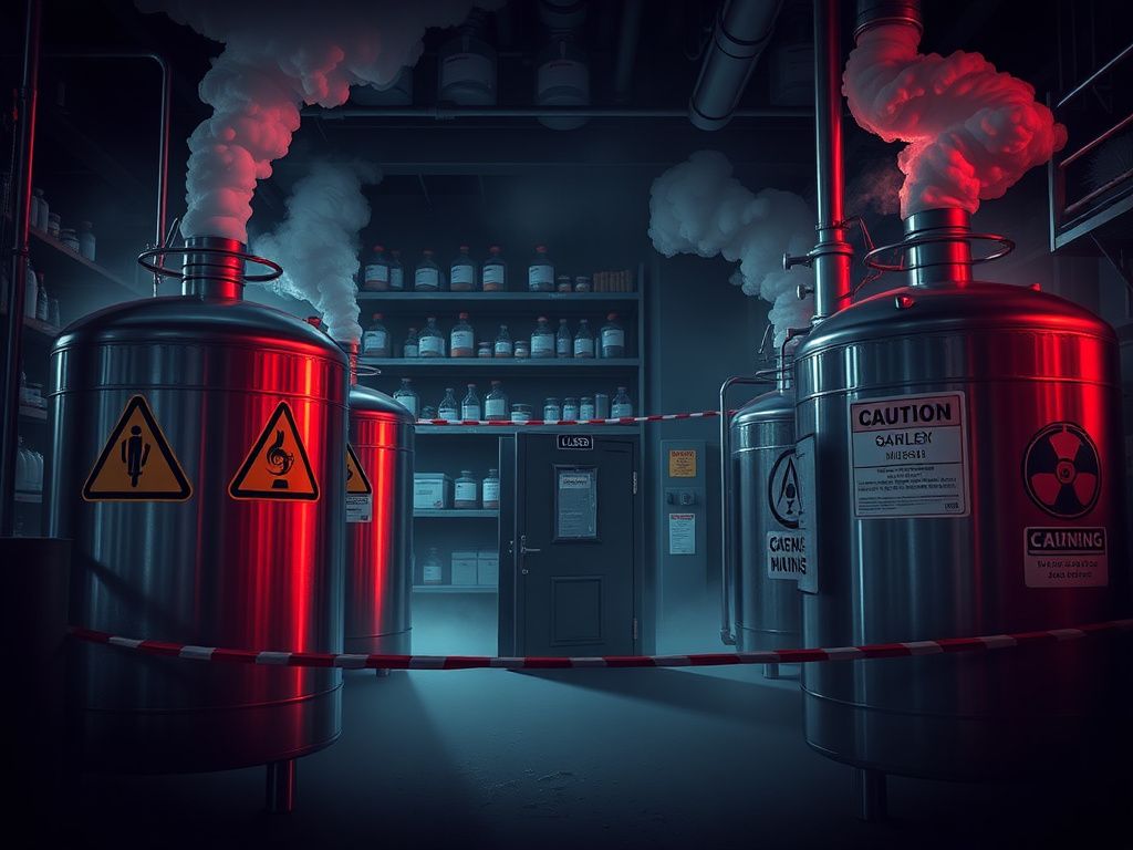Flick International Dimly lit chemical factory with large stainless steel containers labeled with caution symbols, highlighting the hazardous nature of fentanyl precursor production.