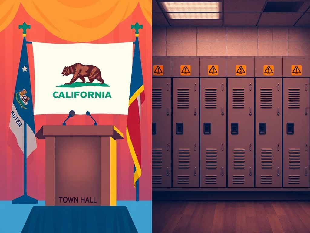 Flick International A split scene depicting a public town hall setting with an empty podium and a women's locker room