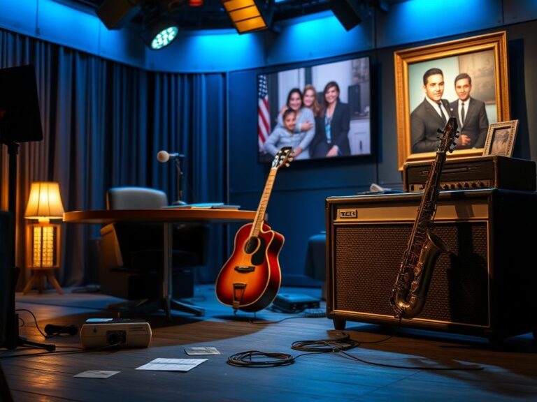 Flick International Dimly lit late-night television studio with an empty talk show set symbolizing Cleto Escobedo III's legacy