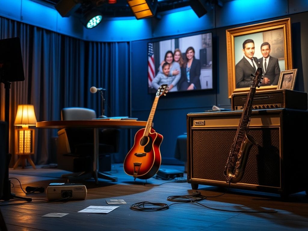 Flick International Dimly lit late-night television studio with an empty talk show set symbolizing Cleto Escobedo III's legacy