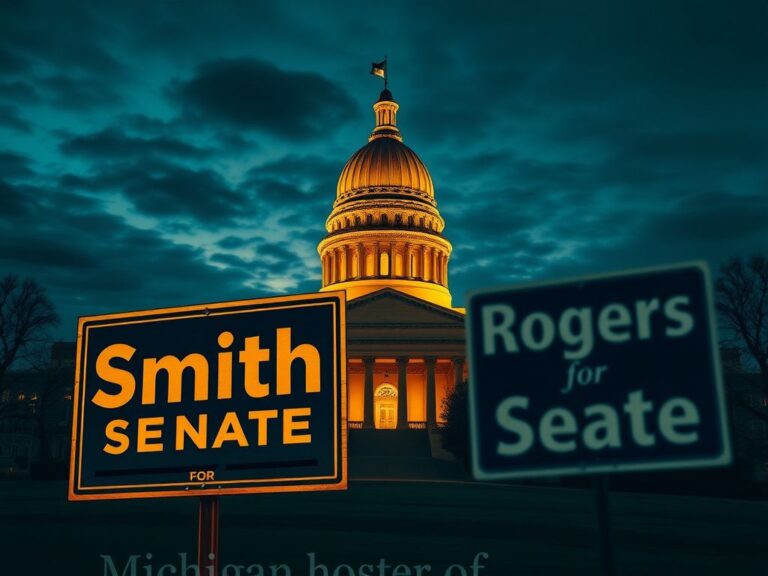 Flick International A stylized representation of the Michigan state capitol building at dusk with campaign signs for Smith and Rogers