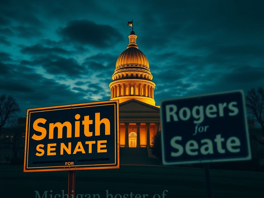 Flick International A stylized representation of the Michigan state capitol building at dusk with campaign signs for Smith and Rogers
