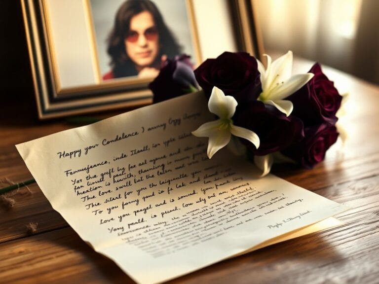 Flick International A somber scene featuring a vintage condolence letter with white lilies and purple roses
