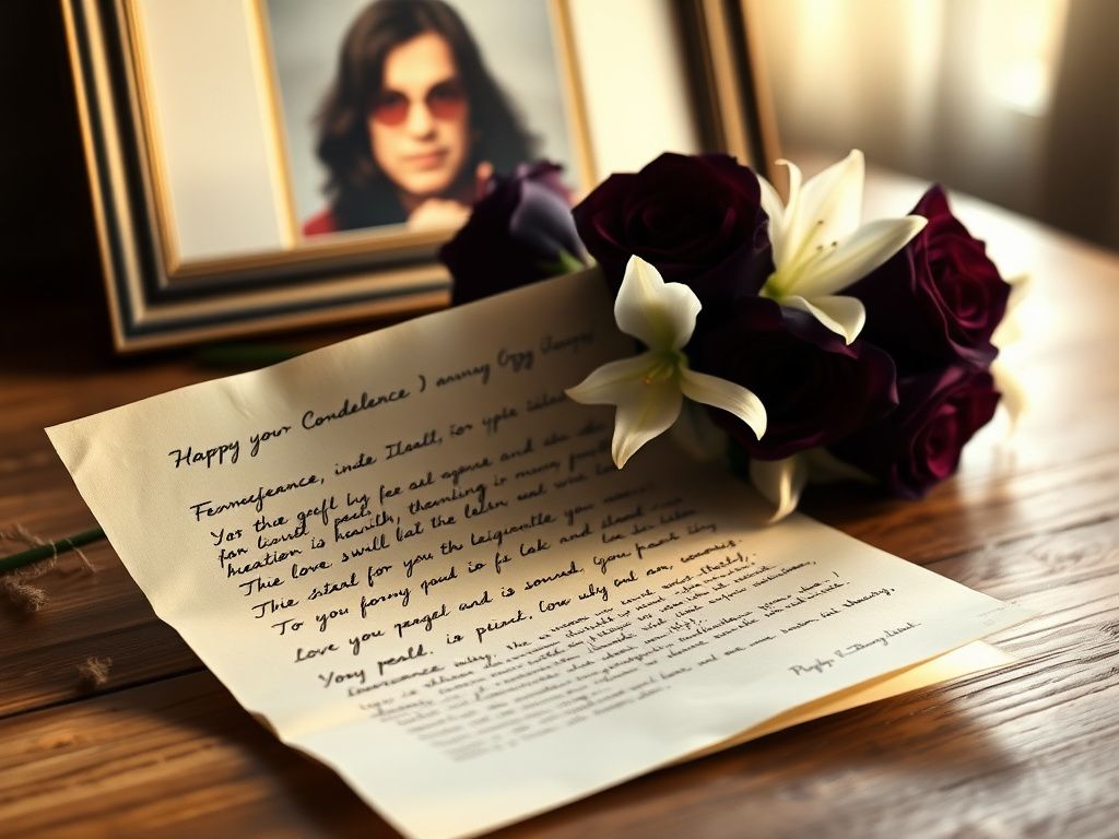 Flick International A somber scene featuring a vintage condolence letter with white lilies and purple roses
