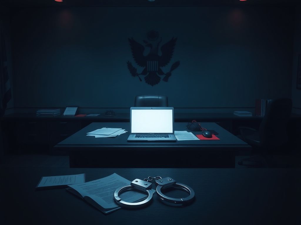 Flick International A foreboding office environment with a military emblem, handcuffs, and a closed laptop