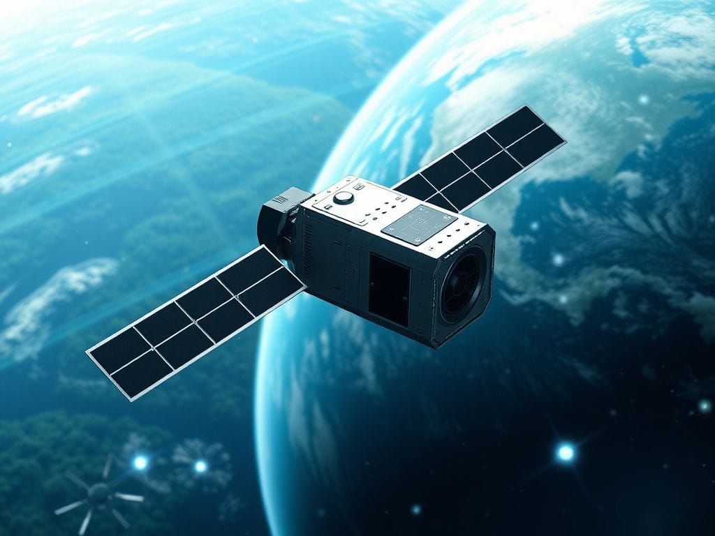 Flick International A small sleek satellite resembling Starcloud-1 with NVIDIA H100 GPU orbiting Earth