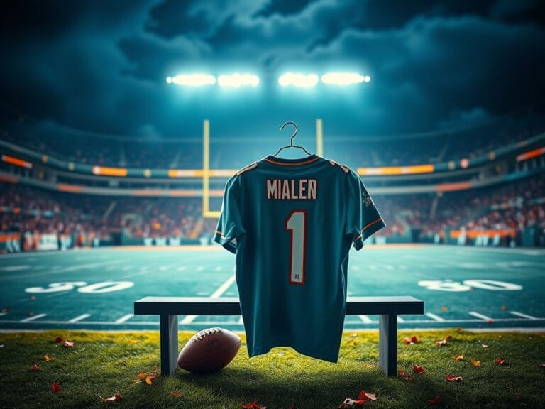 Flick International A crumpled Miami Dolphins jersey hanging on a bench under stadium lights