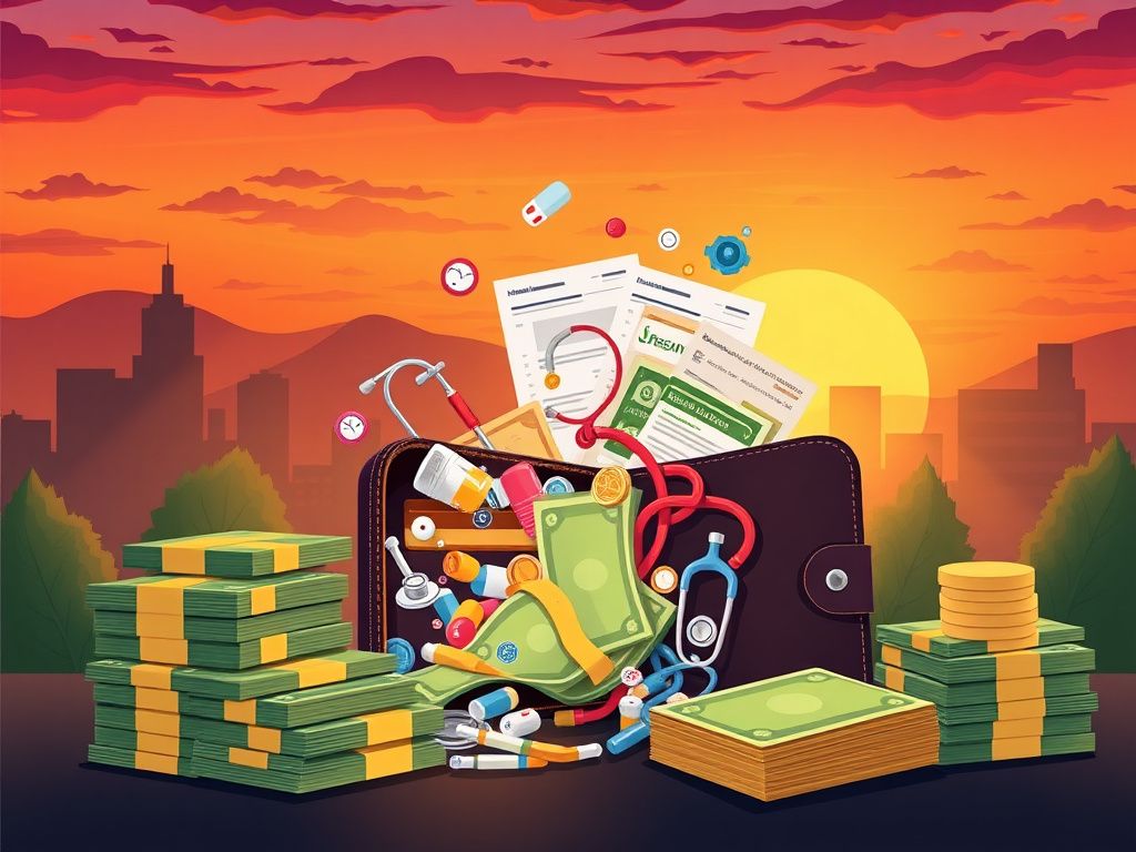 Flick International Conceptual illustration of a vibrant healthcare marketplace with currency bills flowing into an open wallet.