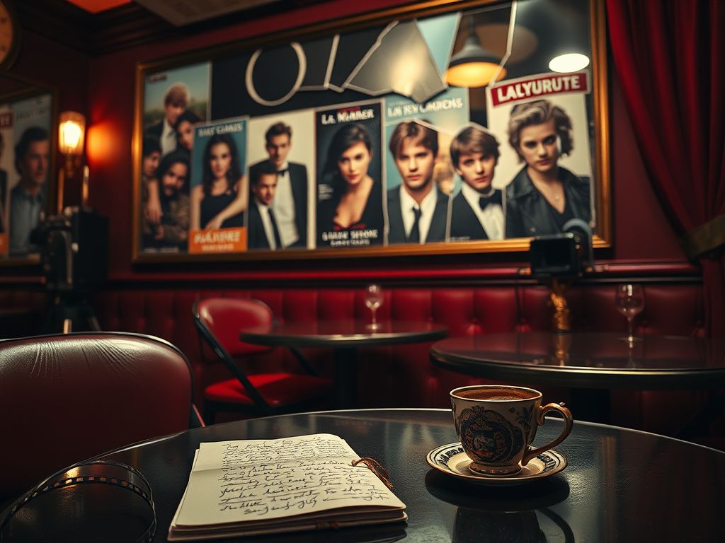 Flick International A stylized scene in a dimly lit café with an empty table, ornate coffee cup, and handwritten notes, symbolizing Hollywood's dating challenges.