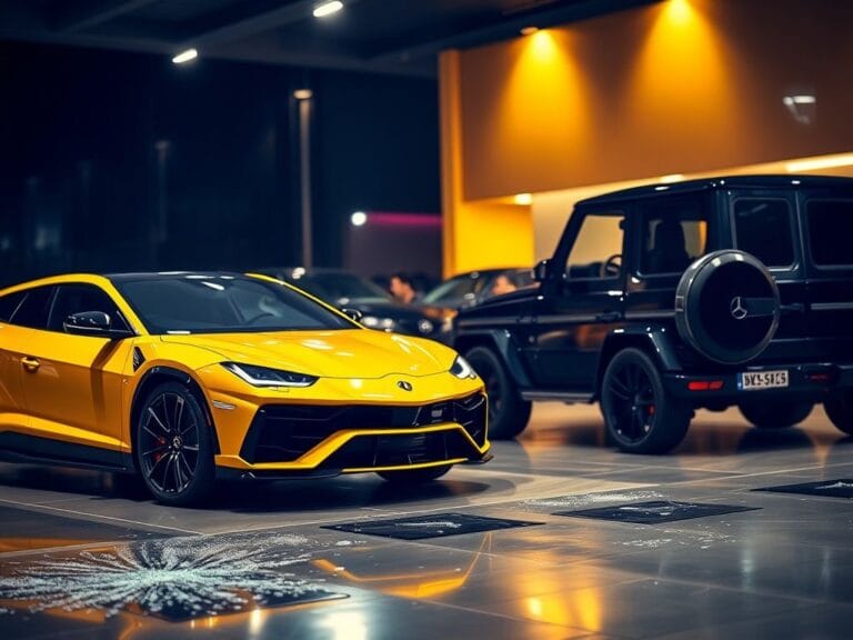 Flick International Striking yellow Lamborghini Urus in a luxury car dealership showcasing shattered glass