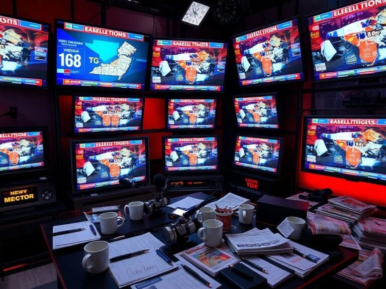 Flick International Vibrant media room filled with large-screen televisions showing live election coverage and colorful charts.