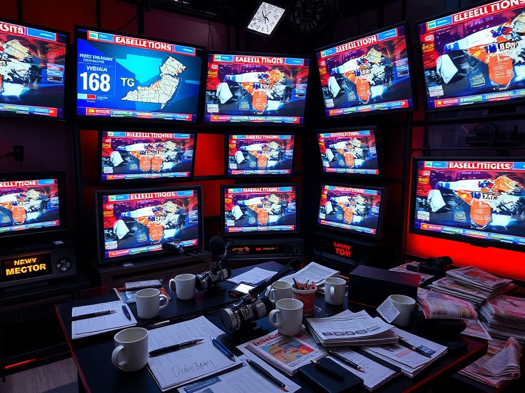 Flick International Vibrant media room filled with large-screen televisions showing live election coverage and colorful charts.
