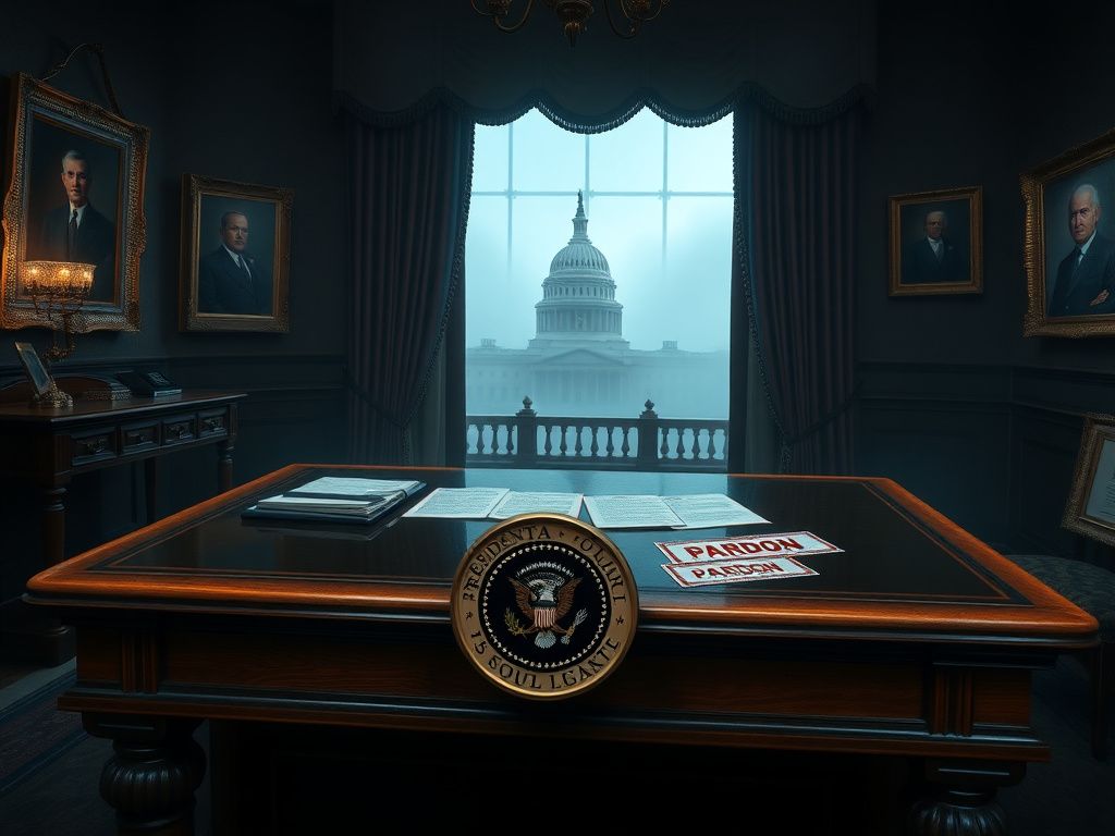 Flick International Ornate wooden desk with a presidential seal and legal documents marked with red PARDON stamps