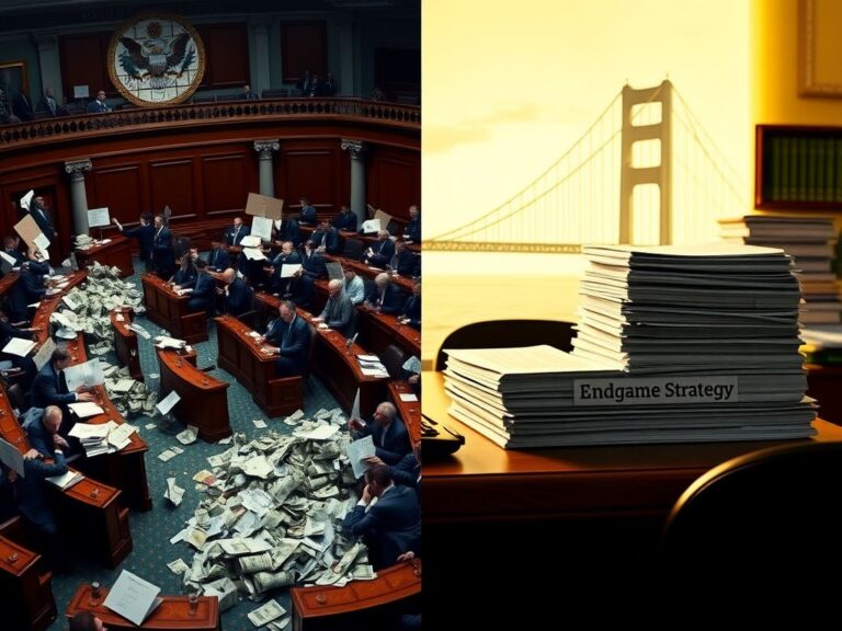 Flick International A split image showing political tension with a chaotic legislative chamber on the left and an orderly office on the right, depicting contrasting strategies during the government shutdown.