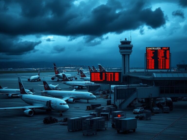 Flick International A bustling airport scene with airplanes and delay signs amidst dark storm clouds