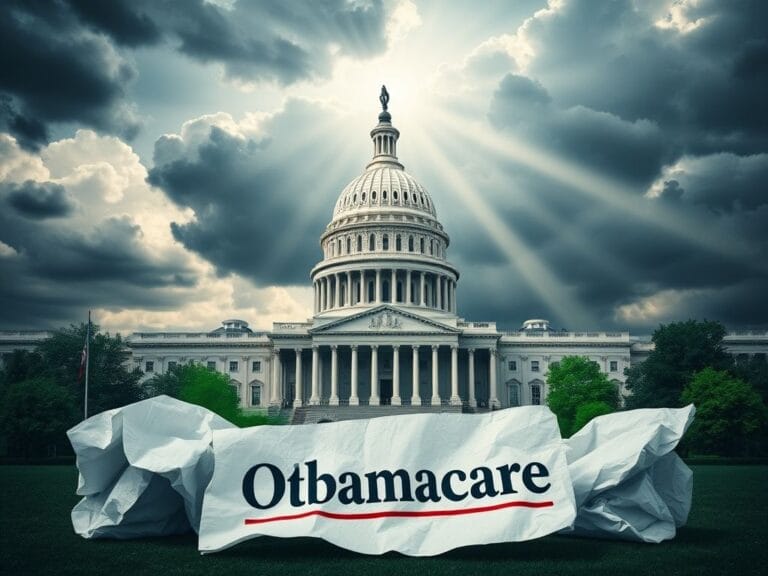 Flick International Conceptual image of the U.S. Capitol building with crumpled Obamacare papers symbolizing healthcare struggles