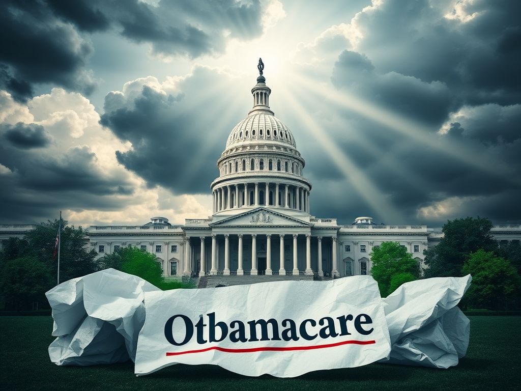 Flick International Conceptual image of the U.S. Capitol building with crumpled Obamacare papers symbolizing healthcare struggles