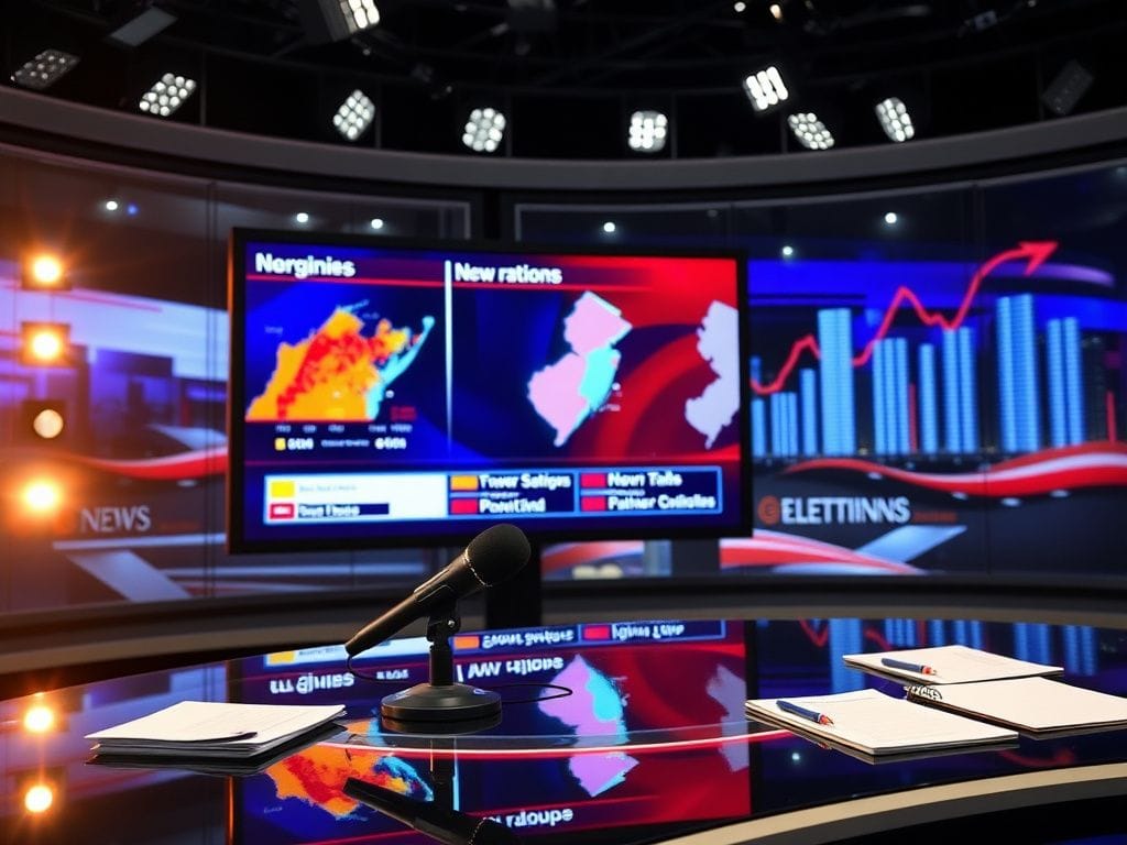 Flick International Dynamic newsroom scene illustrating election coverage with colorful electoral maps for Virginia, New Jersey, and New York City