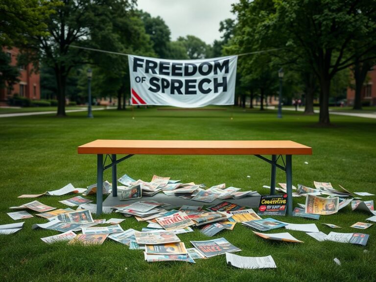 Flick International Empty table at Oklahoma State University scattered with torn flyers representing disrupted free speech