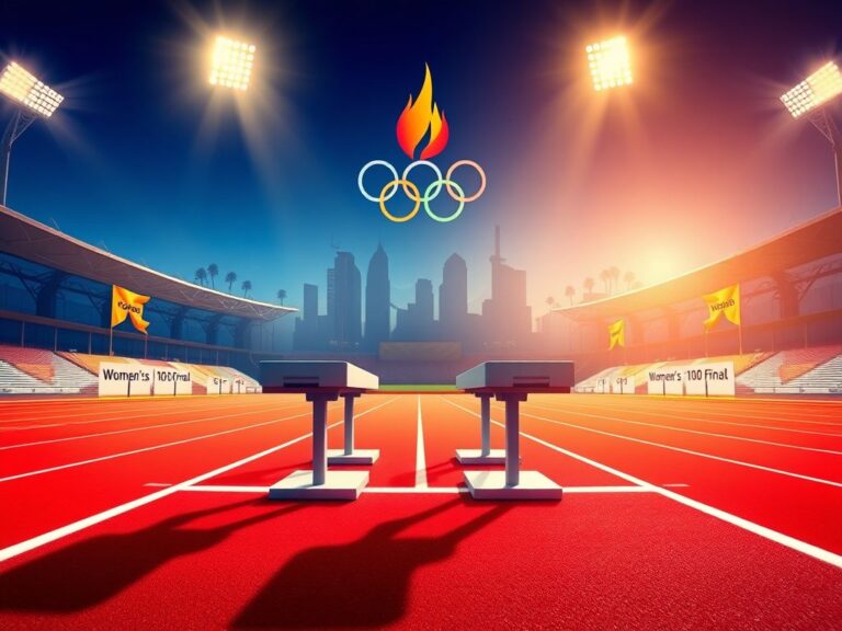 Flick International A vibrant Olympic sports track ready for the women's 100-meter final under floodlights