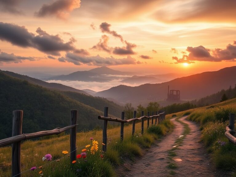 Flick International A scenic landscape of Appalachia at dawn showcasing rugged hills and vibrant wildflowers