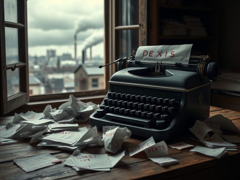 Flick International A weathered wooden desk cluttered with crumpled papers and a vintage typewriter, symbolizing disarray and frustration.