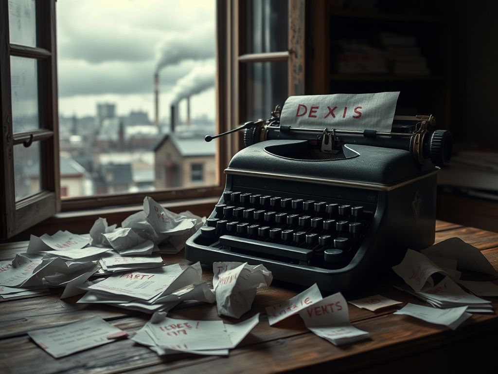 Flick International A weathered wooden desk cluttered with crumpled papers and a vintage typewriter, symbolizing disarray and frustration.