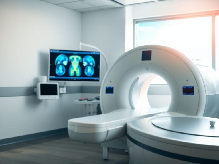 Flick International A modern MRI machine in a serene medical facility with ambient lighting