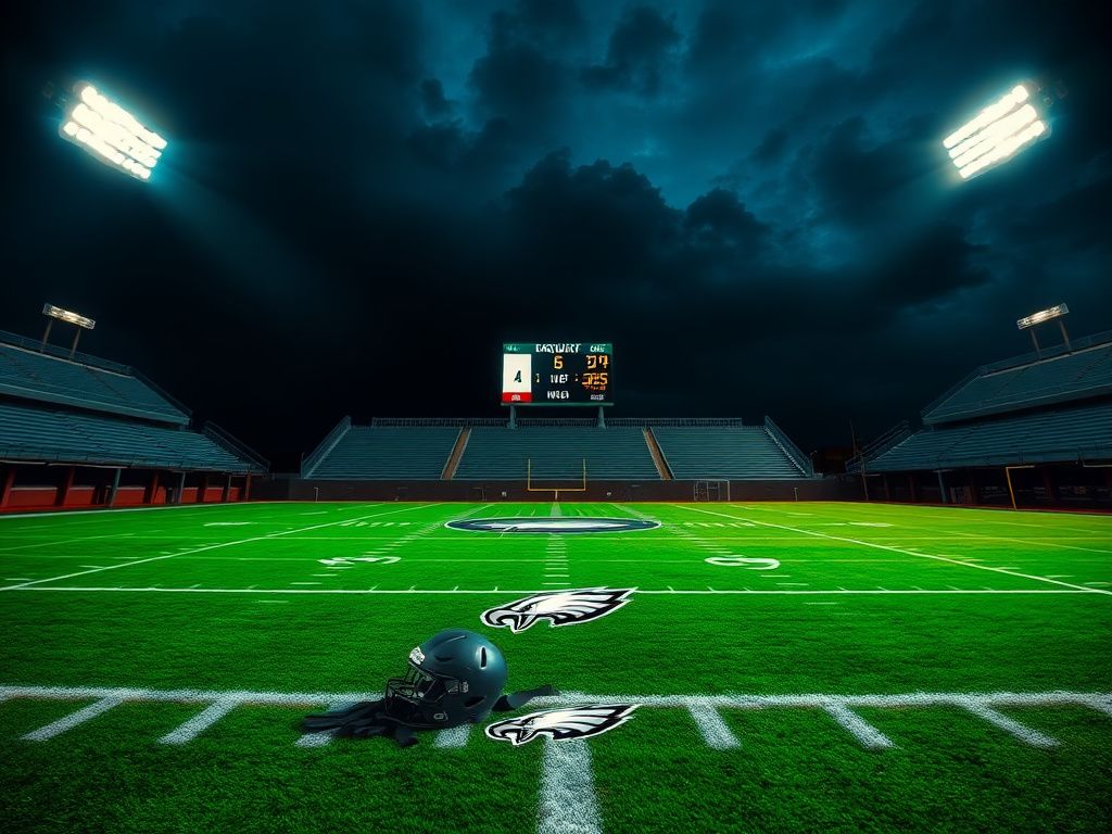 Flick International A dramatic nighttime football stadium scene with Eagles logo and scattered equipment