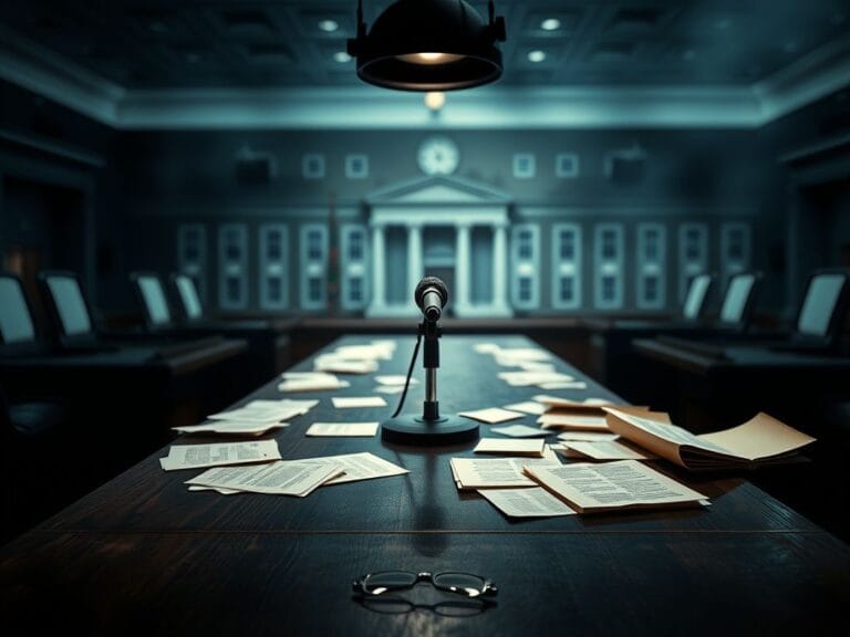 Flick International Empty witness stand with scattered papers symbolizing a heated parole board debate