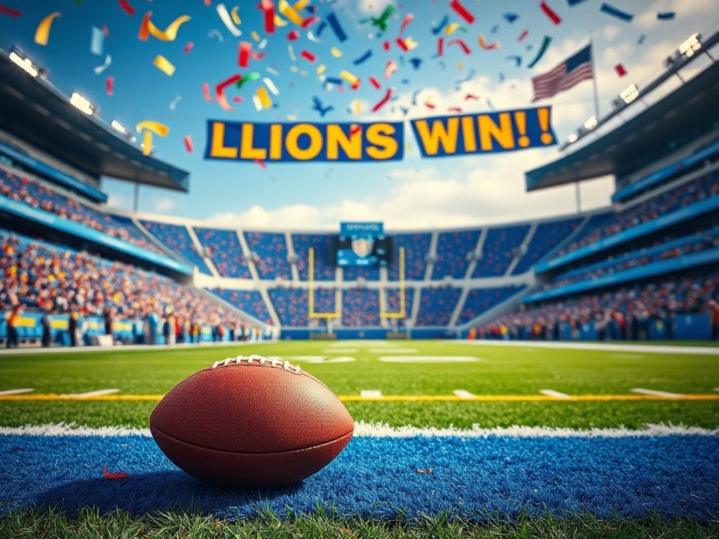 Flick International A vibrant football stadium scene with Detroit Lions colors and a football on the field.