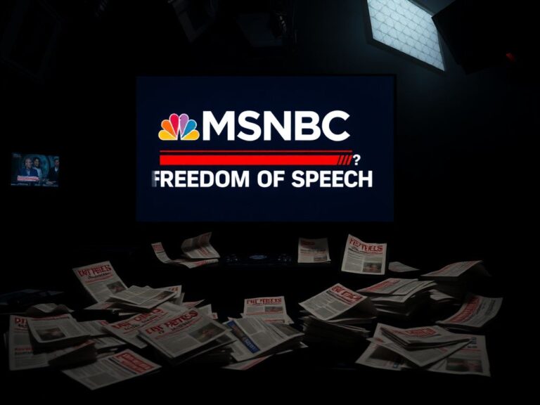 Flick International A moody newsroom scene with an MSNBC logo and the phrase 'Freedom of Speech?' highlighted