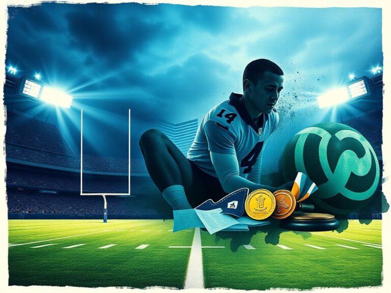 Flick International A dramatic collage depicting the NFL with a football field and legal symbols representing sports controversies.