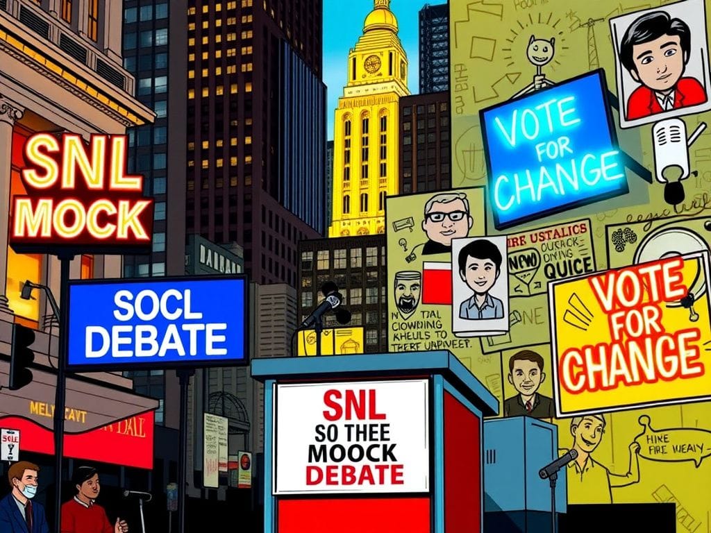 Flick International Empty debate podium with microphones in front of NYC landmark at evening glow