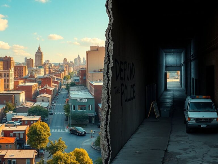 Flick International Conceptual image contrasting a vibrant urban environment with a dark, neglected alley, illustrating social inequality and community investment issues.