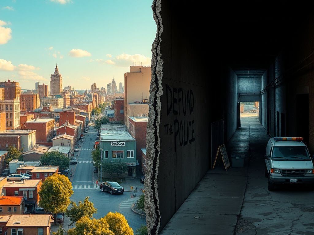 Flick International Conceptual image contrasting a vibrant urban environment with a dark, neglected alley, illustrating social inequality and community investment issues.