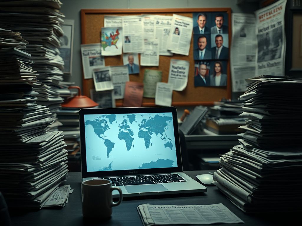 Flick International A dimly lit office filled with documents and a closed laptop reflecting a political map