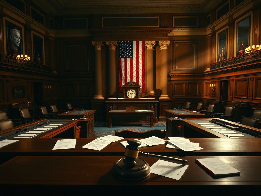 Flick International Solemn scene inside the U.S. House of Representatives with empty chamber, wooden desks, and American flag