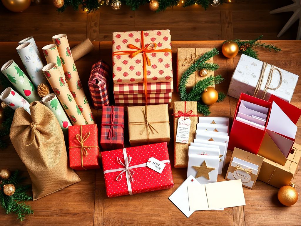 Flick International A cozy holiday scene with vibrant gift-wrapping supplies on a wooden table