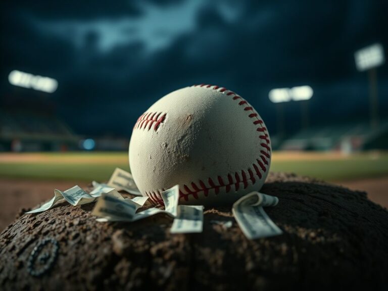 Flick International Close-up of a baseball on a worn mound surrounded by betting slips and dollar bills