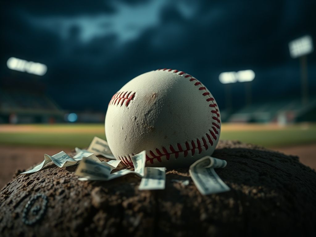Flick International Close-up of a baseball on a worn mound surrounded by betting slips and dollar bills