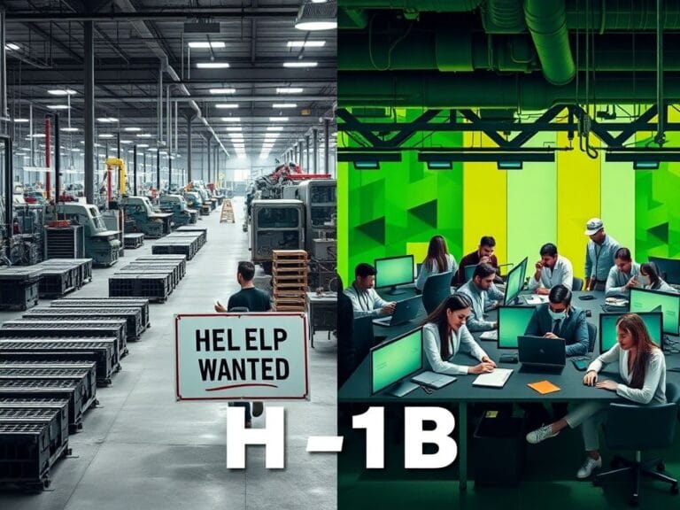 Flick International Split image depicting contrasting scenes of American job market sentiments and H-1B visa program impacts.
