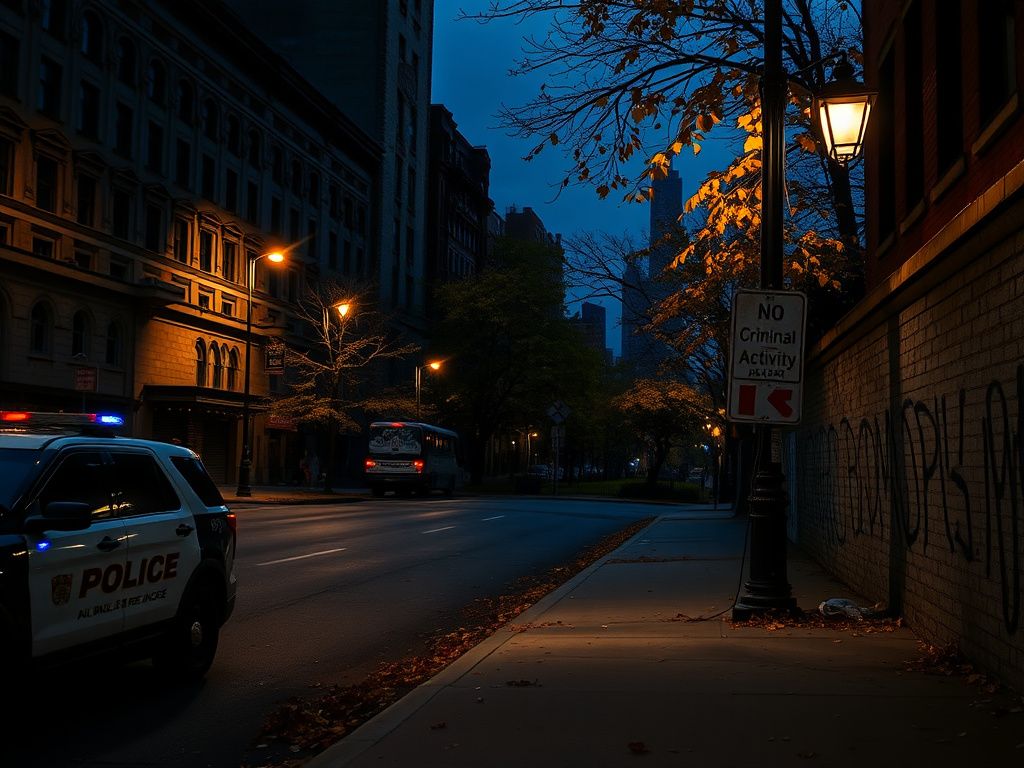 Flick International Dimly lit urban landscape of Chicago showing an empty street with police presence