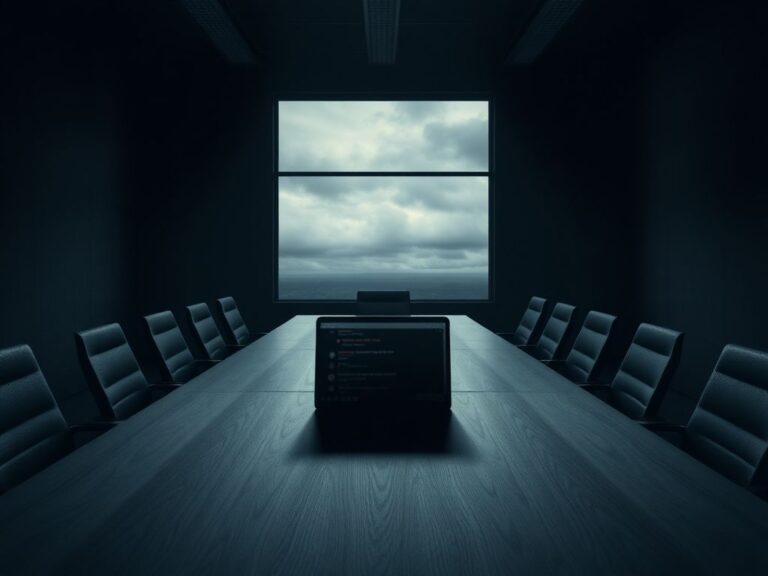 Flick International Empty office space with a conference table and ominous laptop chat