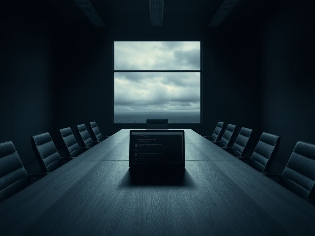 Flick International Empty office space with a conference table and ominous laptop chat